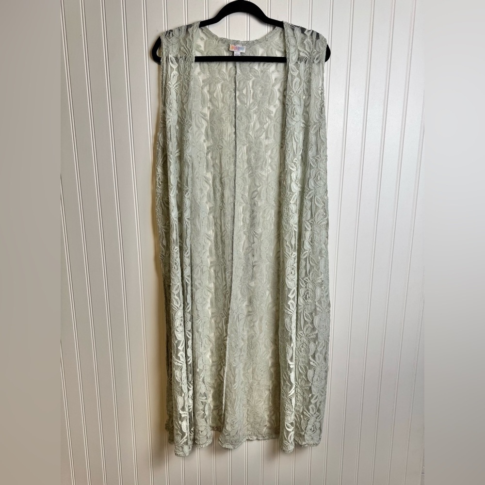 LulaRoe Pale Green/Grey Lace Sleeveless Duster Size Large R14
